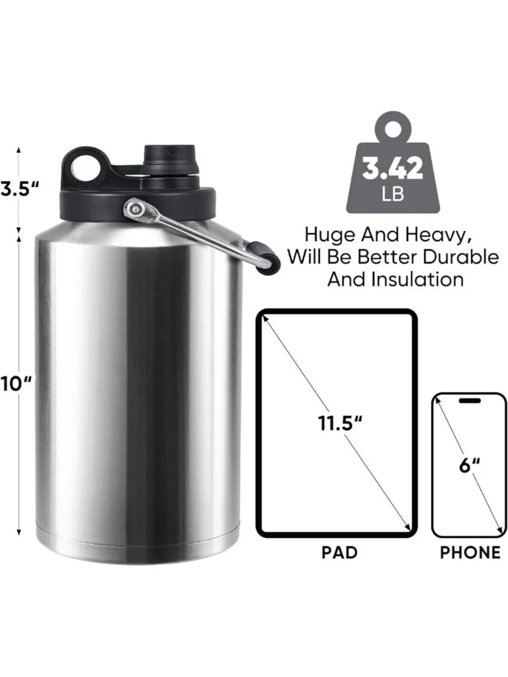 Insulated Stainless Steel Gallon Jug with Handle - 128oz Double Vacuum Water
